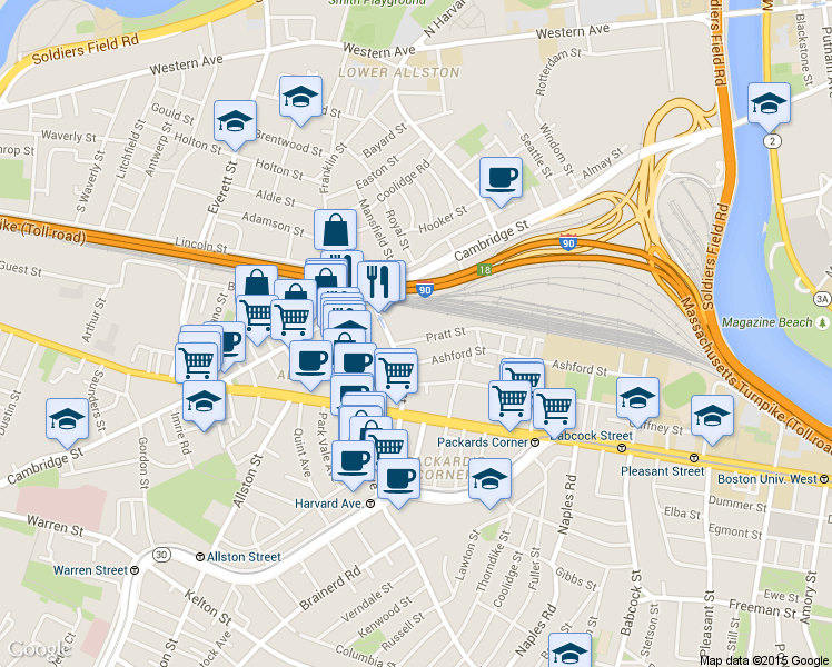 map of restaurants, bars, coffee shops, grocery stores, and more near 22 Pratt Street in Boston