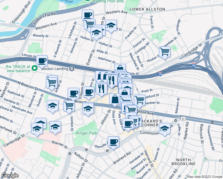 map of restaurants, bars, coffee shops, grocery stores, and more near 15 Denby Road in Boston