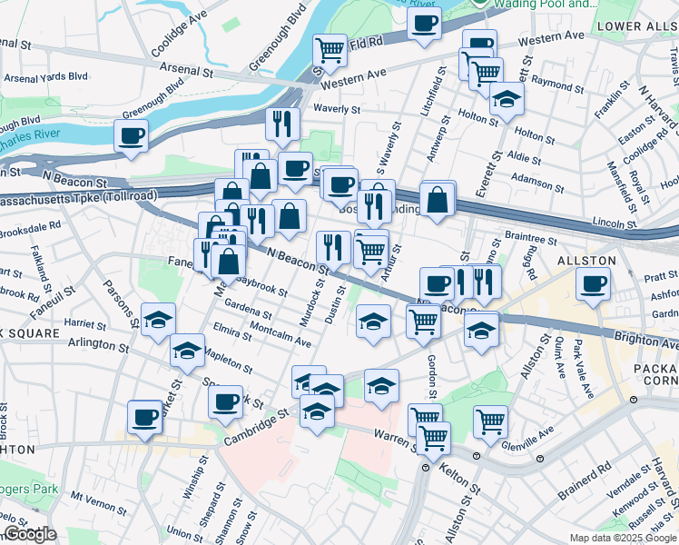 map of restaurants, bars, coffee shops, grocery stores, and more near 155-157 Murdock Street in Boston