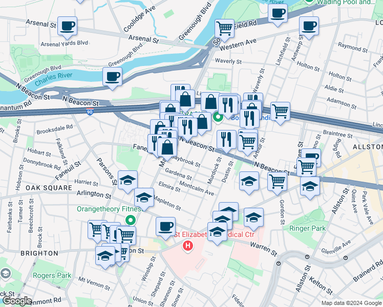 map of restaurants, bars, coffee shops, grocery stores, and more near 9 Glencoe Street in Boston