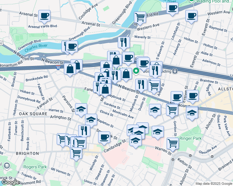 map of restaurants, bars, coffee shops, grocery stores, and more near 9 Glencoe Street in Boston