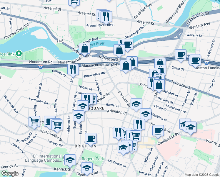 map of restaurants, bars, coffee shops, grocery stores, and more near 6 Cresthill Road in Boston