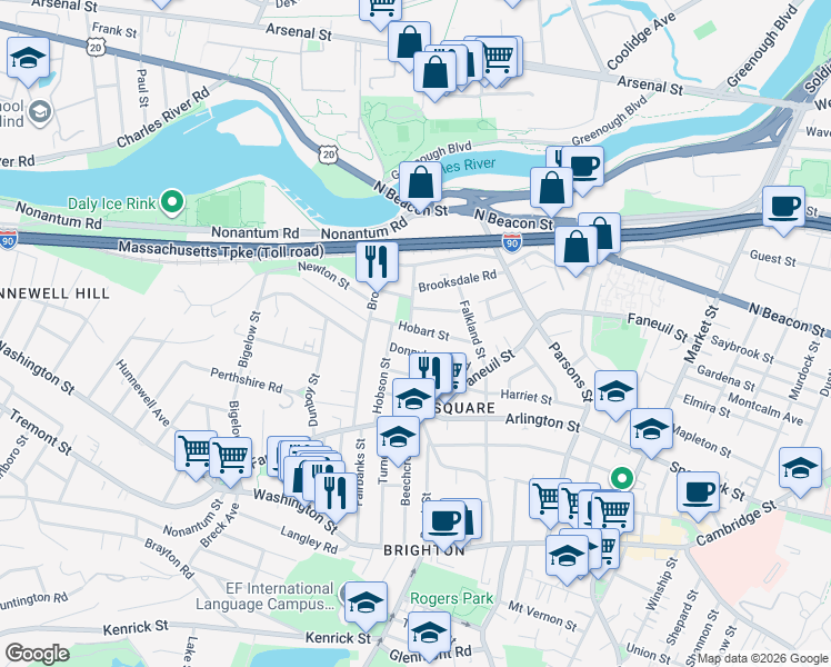 map of restaurants, bars, coffee shops, grocery stores, and more near 89 Hobart Street in Boston