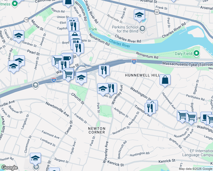 map of restaurants, bars, coffee shops, grocery stores, and more near 17 Hibbard Road in Newton