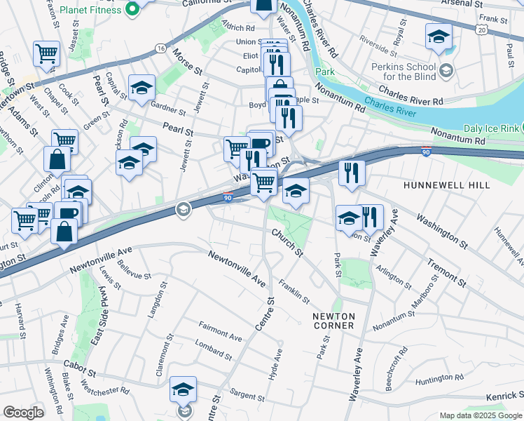 map of restaurants, bars, coffee shops, grocery stores, and more near 23 Richardson Street in Newton