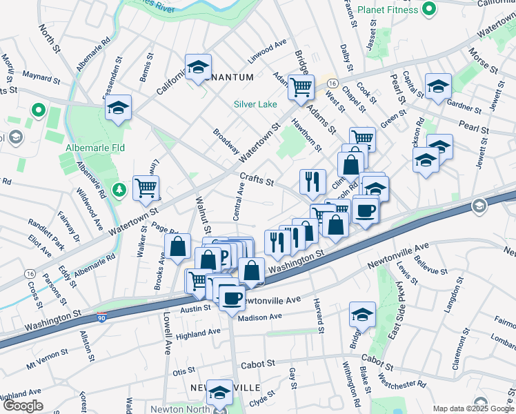 map of restaurants, bars, coffee shops, grocery stores, and more near 66 Prescott Street in Newton