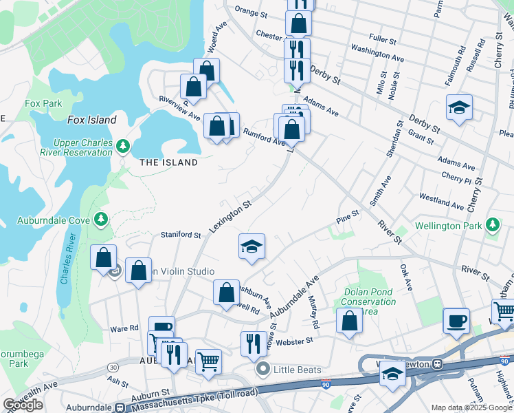 map of restaurants, bars, coffee shops, grocery stores, and more near in Newton