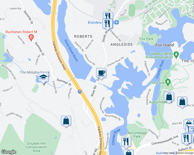 map of restaurants, bars, coffee shops, grocery stores, and more near 751 South Street in Waltham