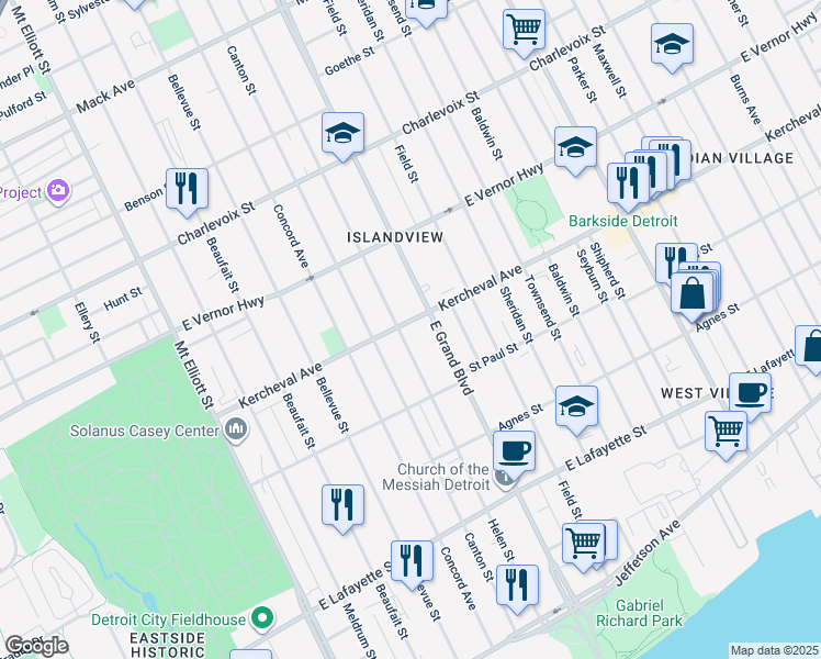 map of restaurants, bars, coffee shops, grocery stores, and more near 7001 Kercheval Avenue in Detroit