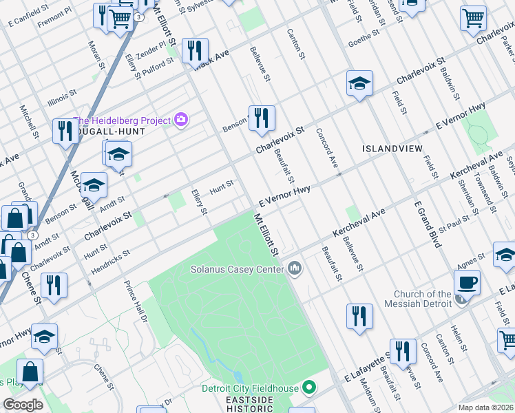 map of restaurants, bars, coffee shops, grocery stores, and more near 2476 Mount Elliott Street in Detroit