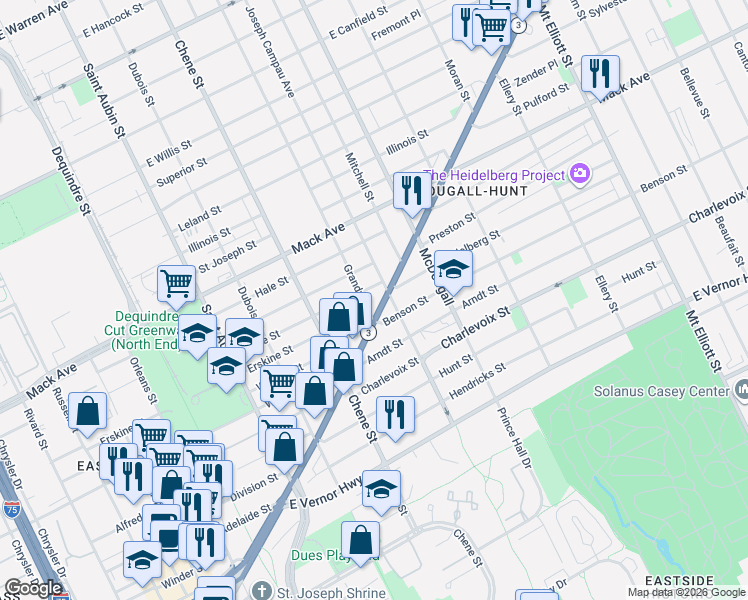 map of restaurants, bars, coffee shops, grocery stores, and more near 2815 Pierce Street in Detroit