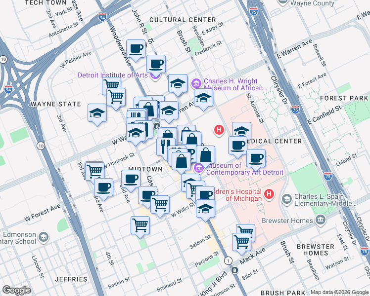 map of restaurants, bars, coffee shops, grocery stores, and more near 57 East Forest Avenue in River Rouge