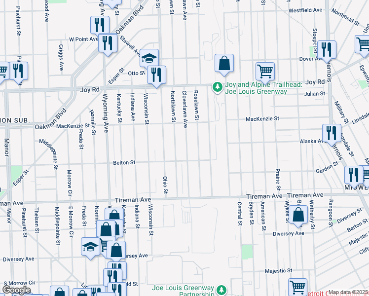 map of restaurants, bars, coffee shops, grocery stores, and more near 8287 Cloverlawn Avenue in Detroit