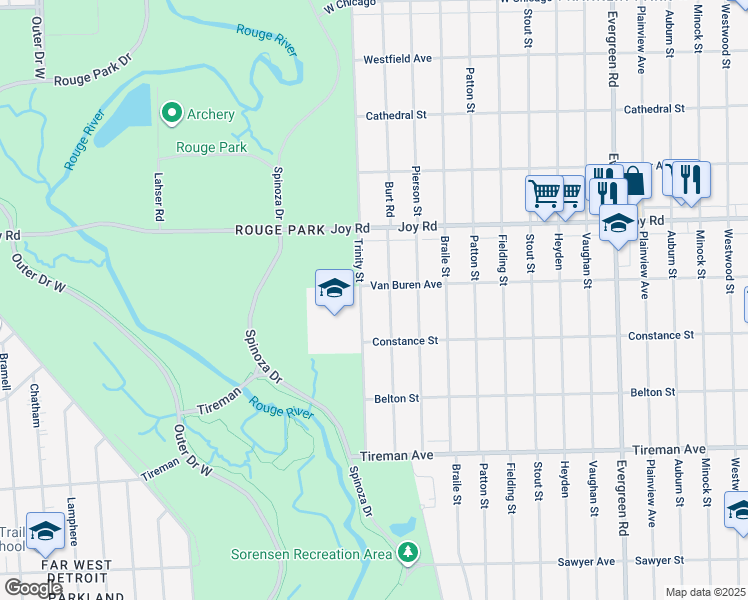 map of restaurants, bars, coffee shops, grocery stores, and more near 8506 Trinity Street in Detroit