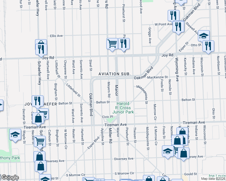 map of restaurants, bars, coffee shops, grocery stores, and more near 8314 Meyers Road in Detroit