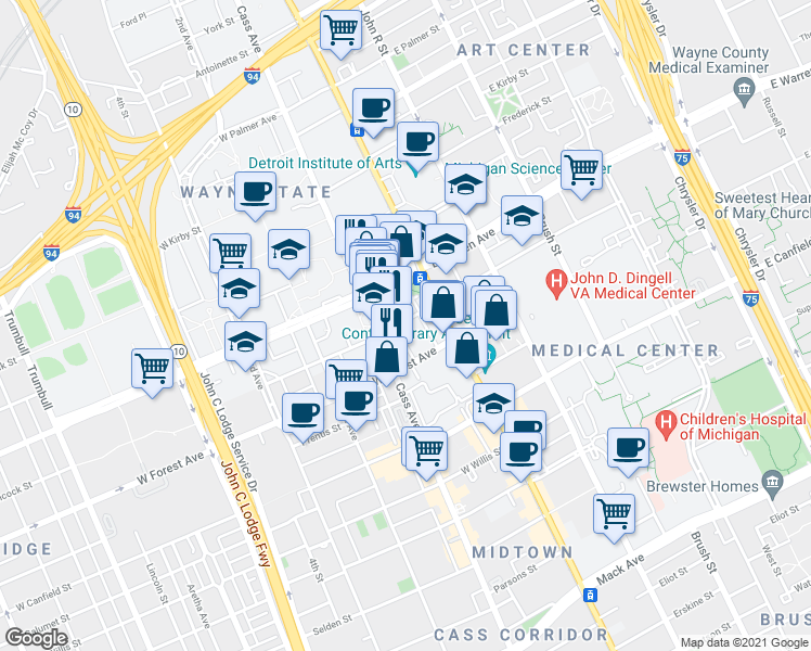 map of restaurants, bars, coffee shops, grocery stores, and more near 77 West Hancock Street in Detroit