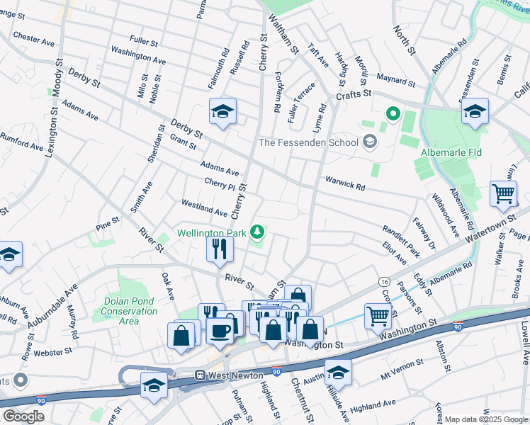 map of restaurants, bars, coffee shops, grocery stores, and more near 50 North Gate Park in Newton