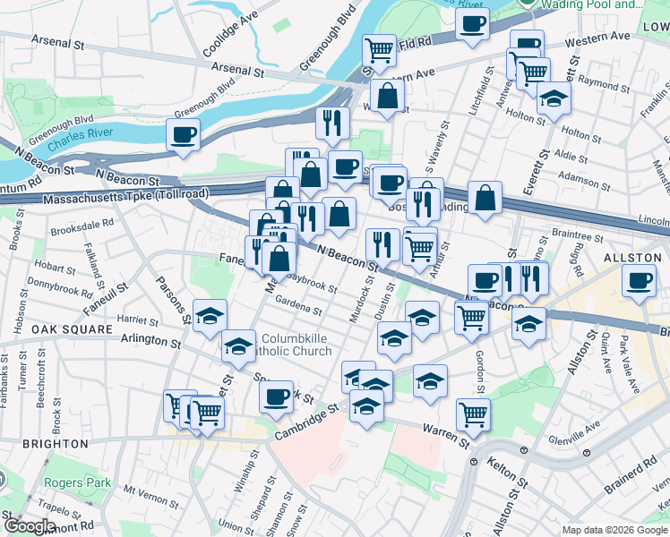 map of restaurants, bars, coffee shops, grocery stores, and more near 160 North Beacon Street in Boston