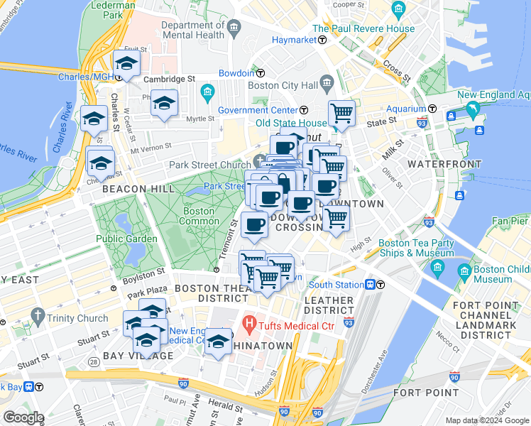 map of restaurants, bars, coffee shops, grocery stores, and more near 50 Temple Place in Boston