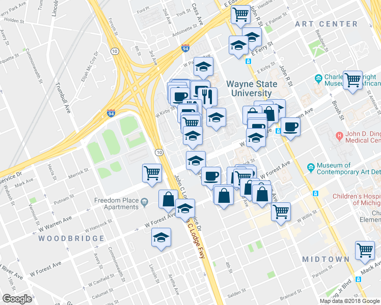 map of restaurants, bars, coffee shops, grocery stores, and more near 5105 Anthony Wayne Drive in Detroit