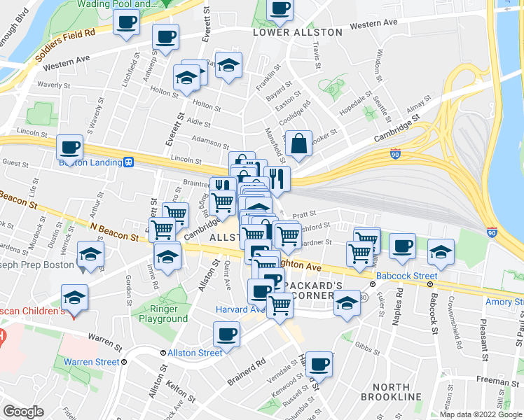 map of restaurants, bars, coffee shops, grocery stores, and more near 16 Highgate Street in Boston