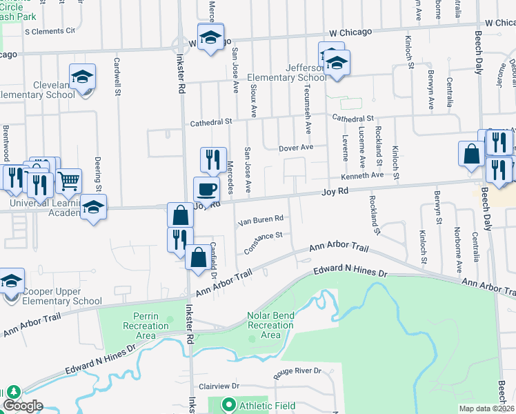 map of restaurants, bars, coffee shops, grocery stores, and more near 27017 Joy Road in Dearborn Heights