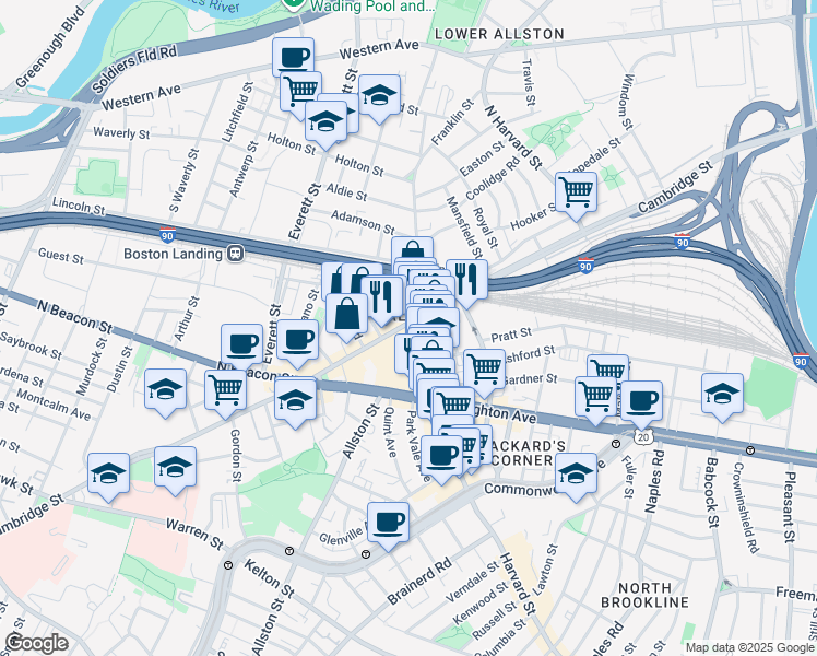 map of restaurants, bars, coffee shops, grocery stores, and more near in Boston