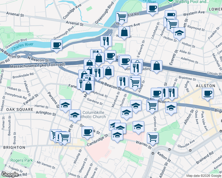 map of restaurants, bars, coffee shops, grocery stores, and more near 10 Etna Street in Boston