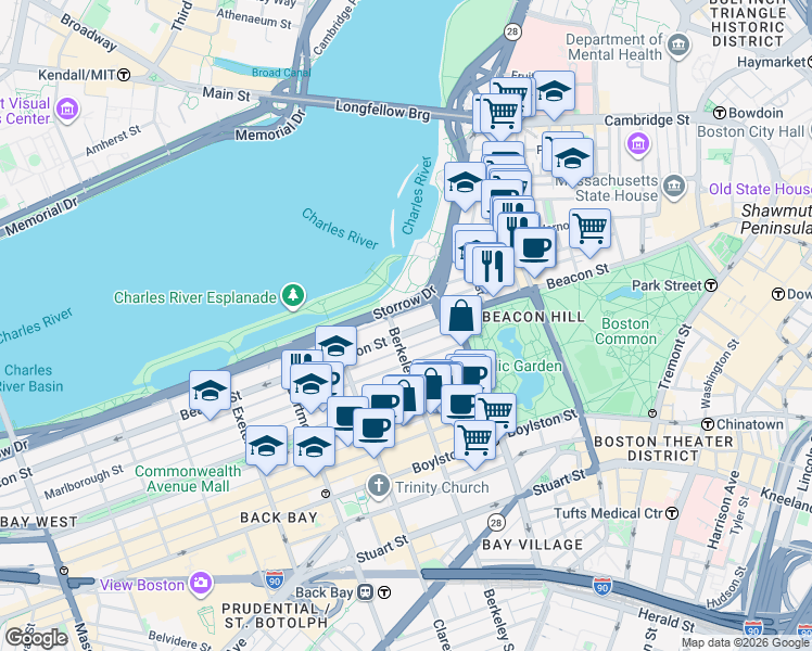 map of restaurants, bars, coffee shops, grocery stores, and more near 122 Beacon Street in Boston