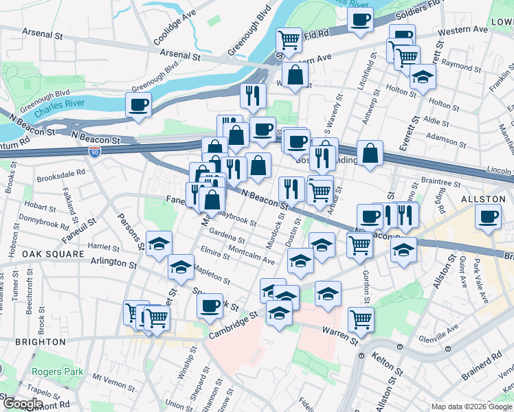 map of restaurants, bars, coffee shops, grocery stores, and more near 160 North Beacon Street in Boston