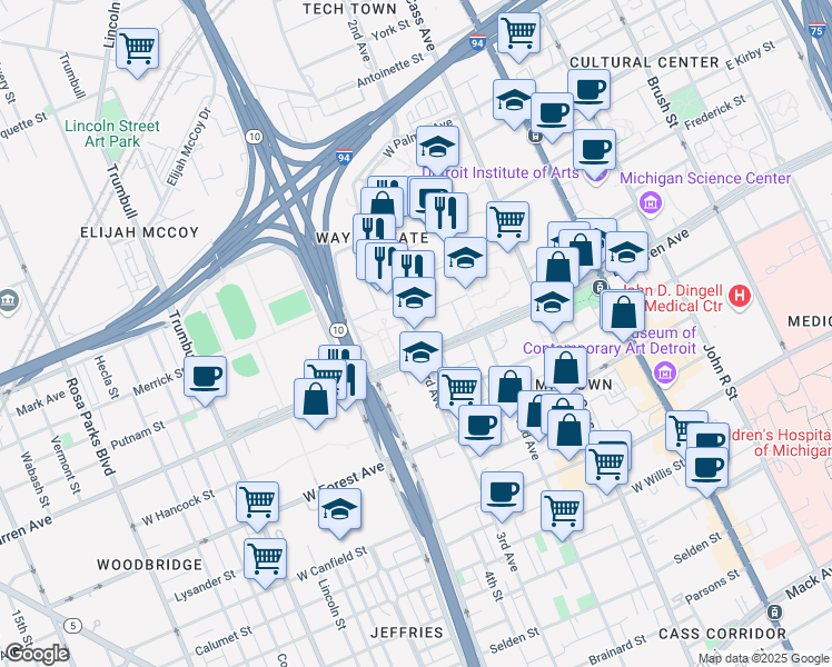 map of restaurants, bars, coffee shops, grocery stores, and more near 5050 Anthony Wayne Drive in Detroit