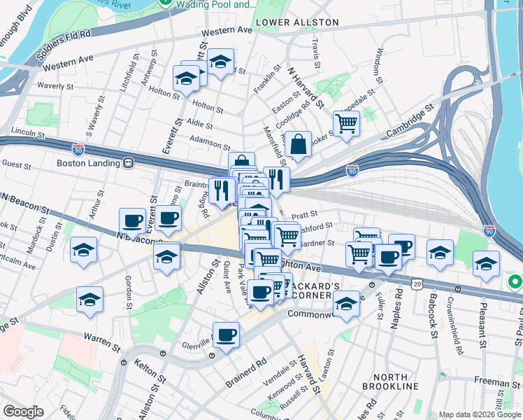 map of restaurants, bars, coffee shops, grocery stores, and more near 17 Highgate Street in Boston