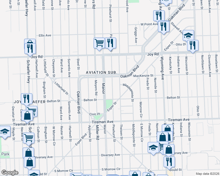 map of restaurants, bars, coffee shops, grocery stores, and more near 8304 Manor Avenue in Detroit