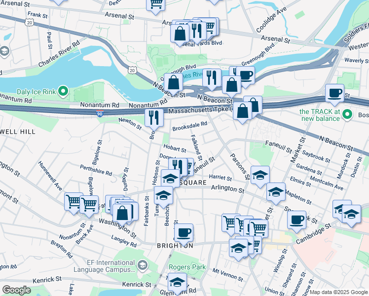 map of restaurants, bars, coffee shops, grocery stores, and more near 20 Corinne Road in Boston