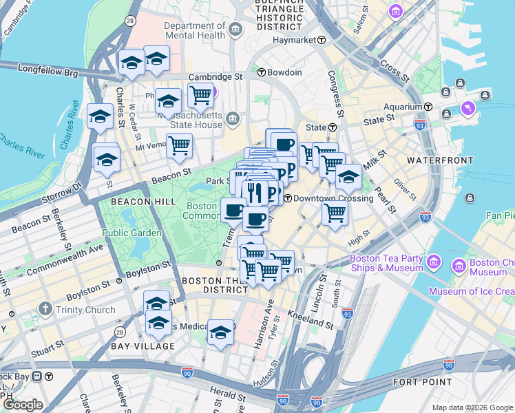 map of restaurants, bars, coffee shops, grocery stores, and more near 27 Temple Place in Boston