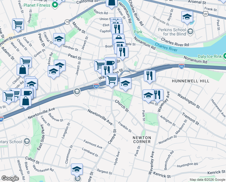 map of restaurants, bars, coffee shops, grocery stores, and more near 440 Centre Street in Newton