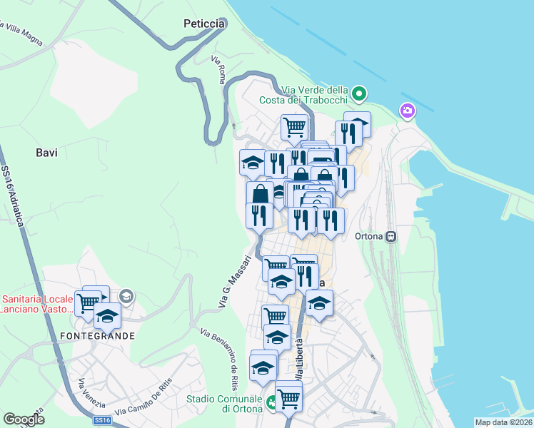 map of restaurants, bars, coffee shops, grocery stores, and more near 30 Via dei Frentani in Ortona