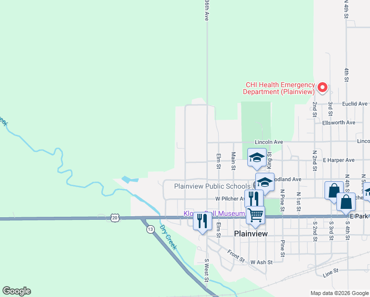 map of restaurants, bars, coffee shops, grocery stores, and more near 425 North Plum Street in Plainview