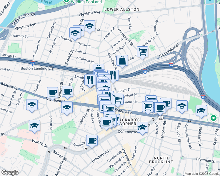 map of restaurants, bars, coffee shops, grocery stores, and more near 16 Highgate Street in Boston
