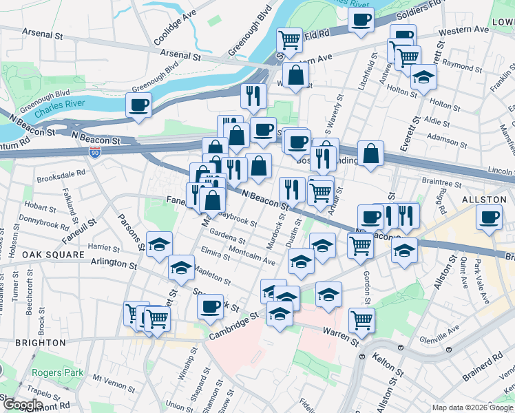 map of restaurants, bars, coffee shops, grocery stores, and more near 160 North Beacon Street in Boston