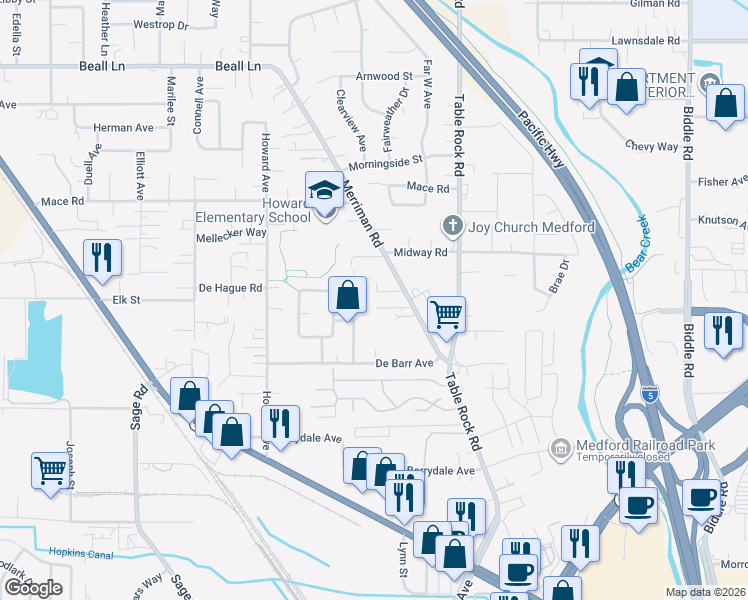 map of restaurants, bars, coffee shops, grocery stores, and more near 2627 Merriman Road in Medford
