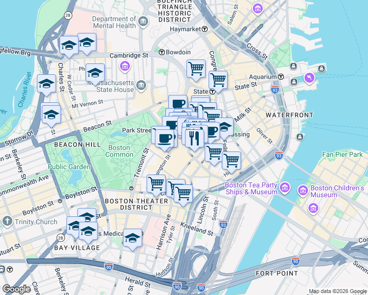 map of restaurants, bars, coffee shops, grocery stores, and more near in Boston