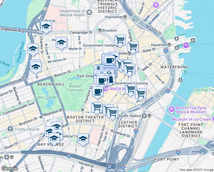 map of restaurants, bars, coffee shops, grocery stores, and more near 450 Washington Street in Boston