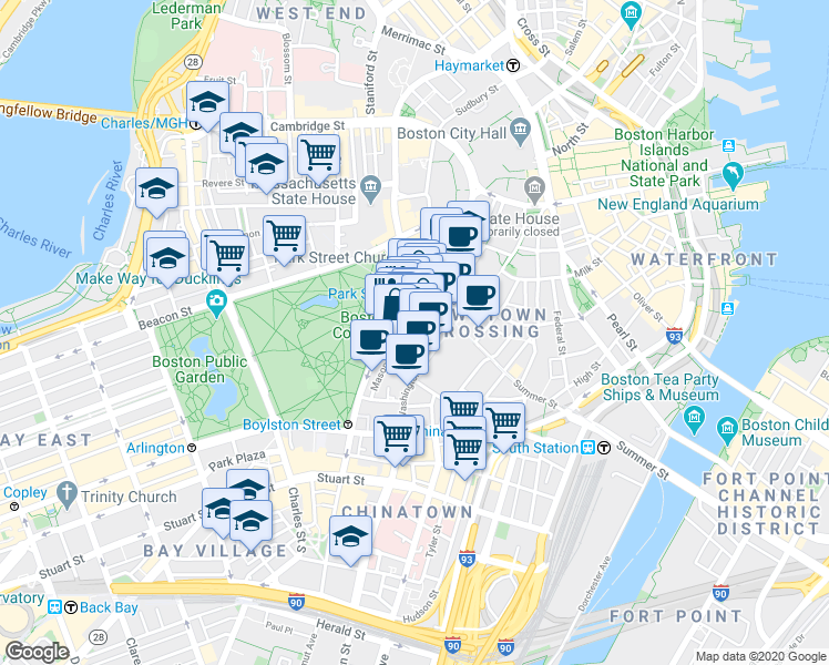 map of restaurants, bars, coffee shops, grocery stores, and more near in Boston