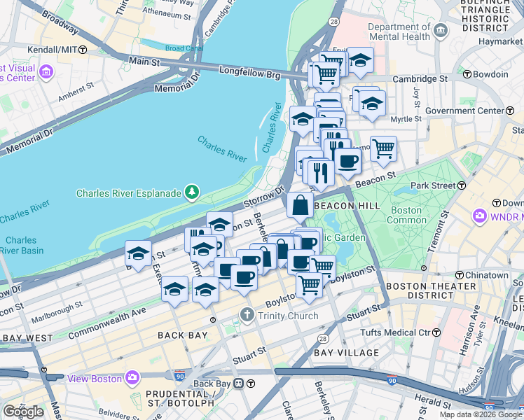 map of restaurants, bars, coffee shops, grocery stores, and more near 122 Beacon Street in Boston