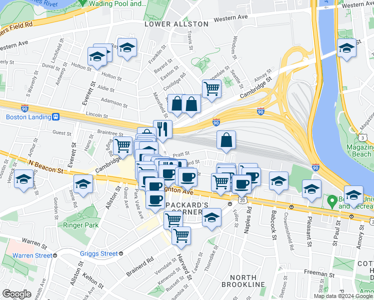 map of restaurants, bars, coffee shops, grocery stores, and more near 34R Pratt Street in Boston