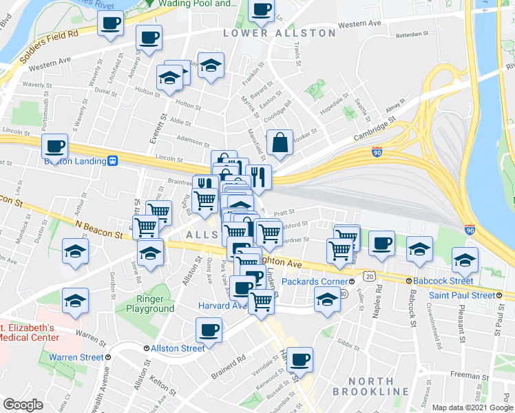 map of restaurants, bars, coffee shops, grocery stores, and more near 16 Highgate Street in Boston