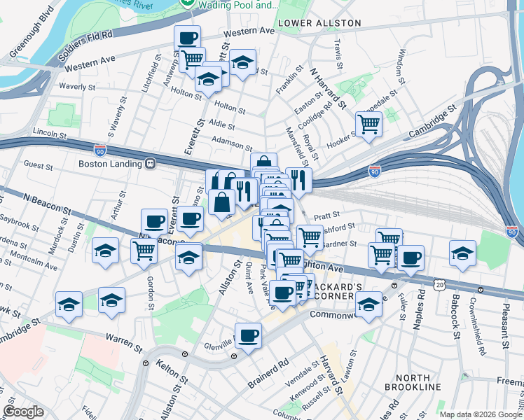 map of restaurants, bars, coffee shops, grocery stores, and more near in Boston