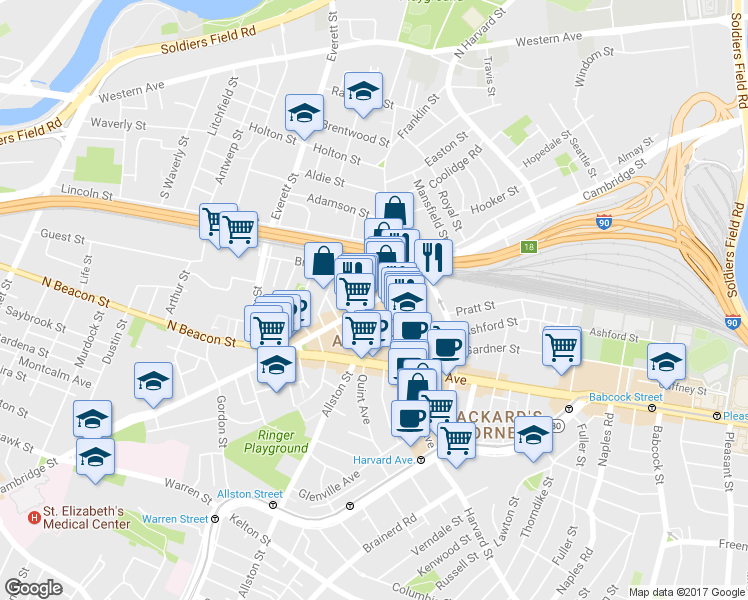map of restaurants, bars, coffee shops, grocery stores, and more near in Boston