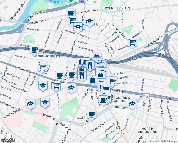 map of restaurants, bars, coffee shops, grocery stores, and more near 15 Denby Road in Boston